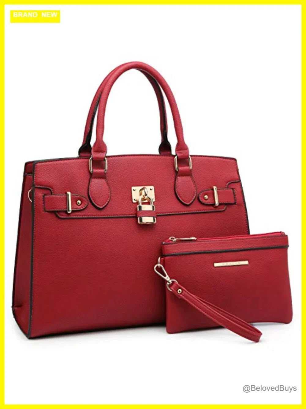 Vegan Leather Satchel Tote with Matching Clutch, PU Handbag